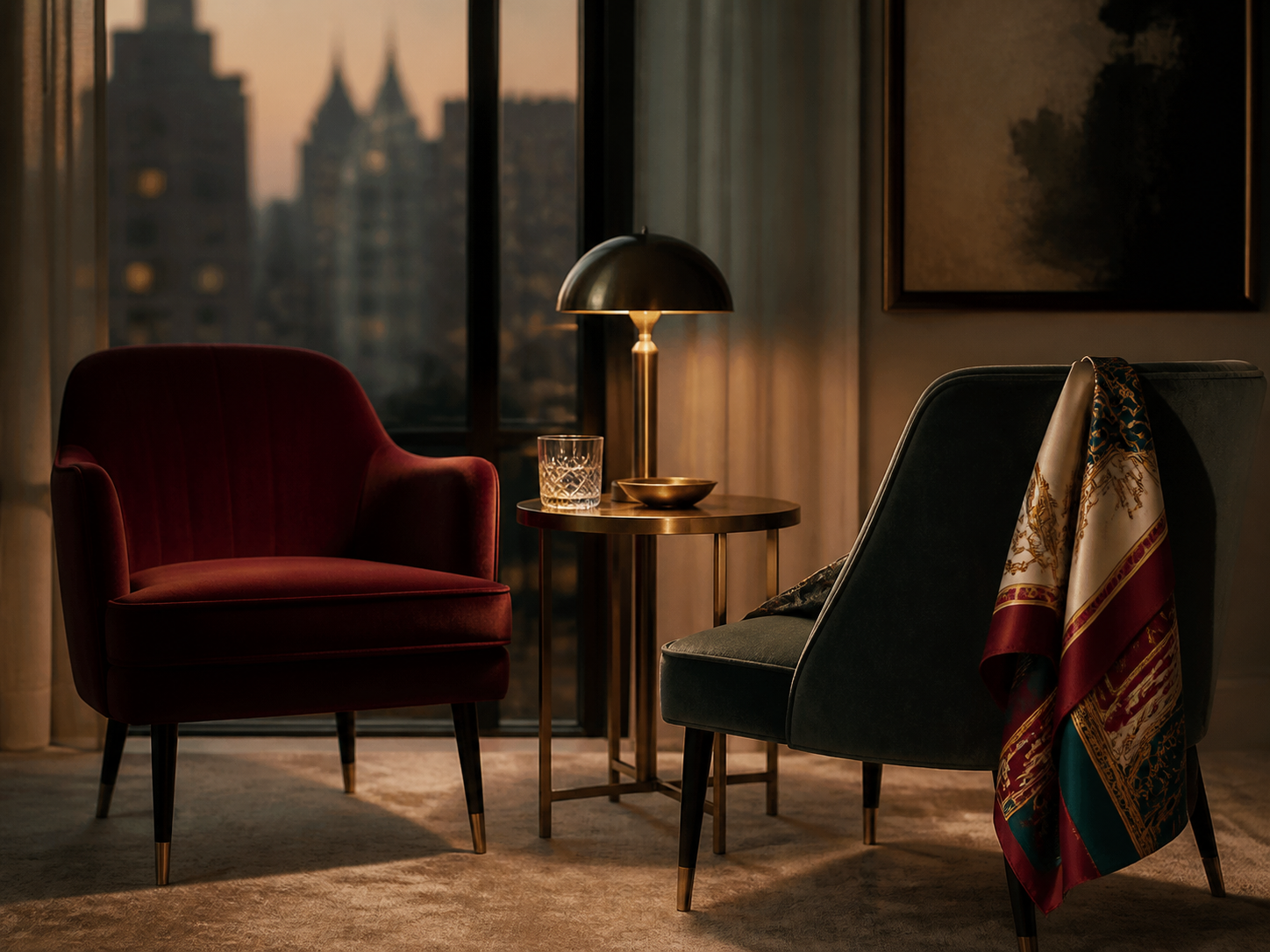 Two unequal chairs and a silk scarf in a Manhattan interior, suggesting visibility without full agency